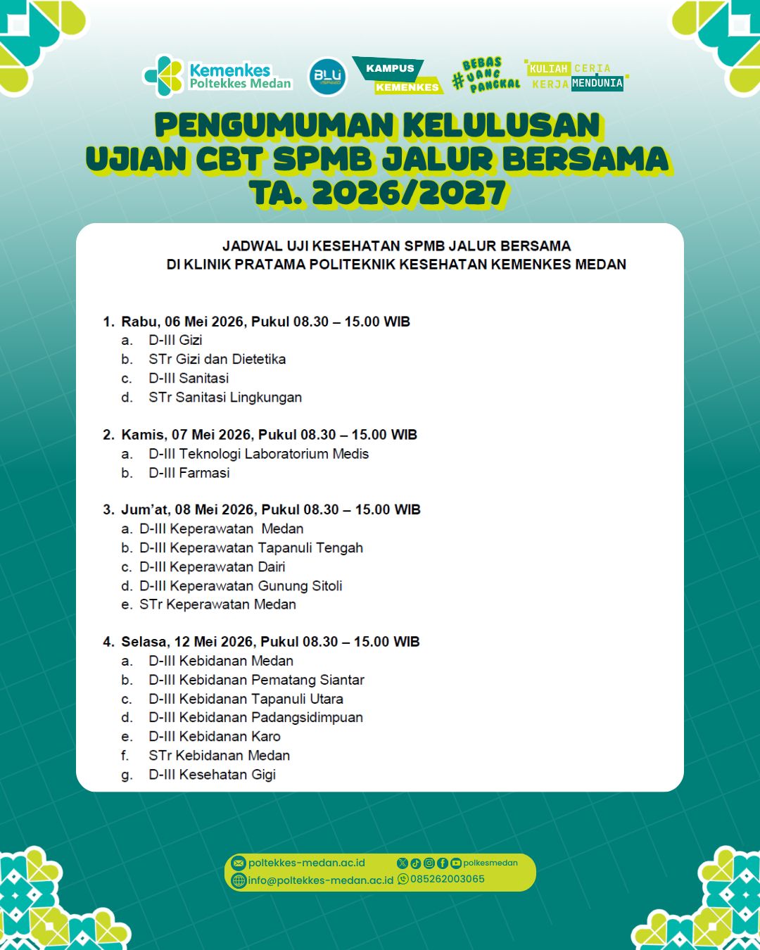 Jadwal Uji Kesehatan SPMB Jalur Bersama TA. 2026/2027