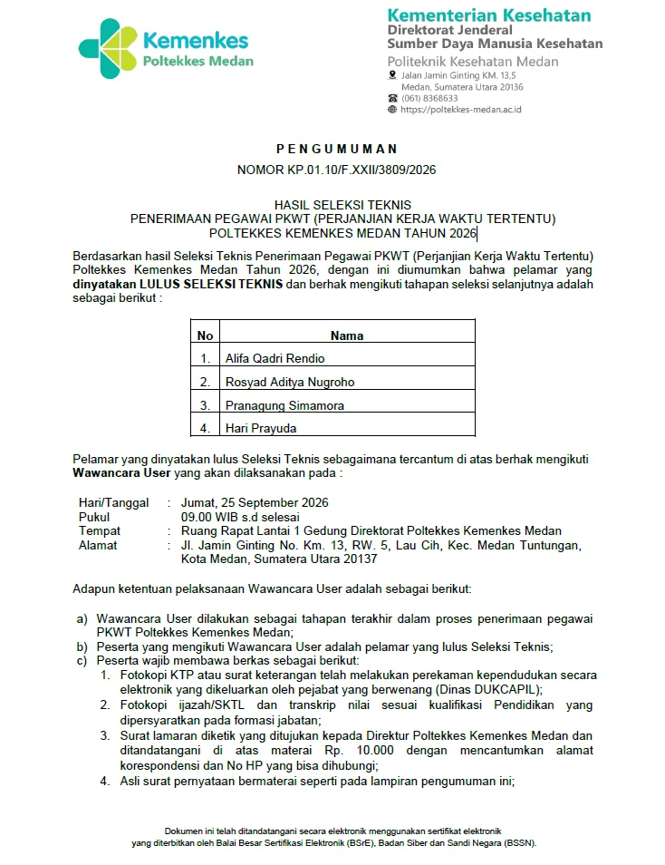 Pengumuman Hasil Seleksi Teknis Penerimaan Pegawai PKWT Poltekkes Kemenkes Medan Tahun 2026